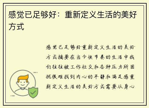 感觉已足够好：重新定义生活的美好方式